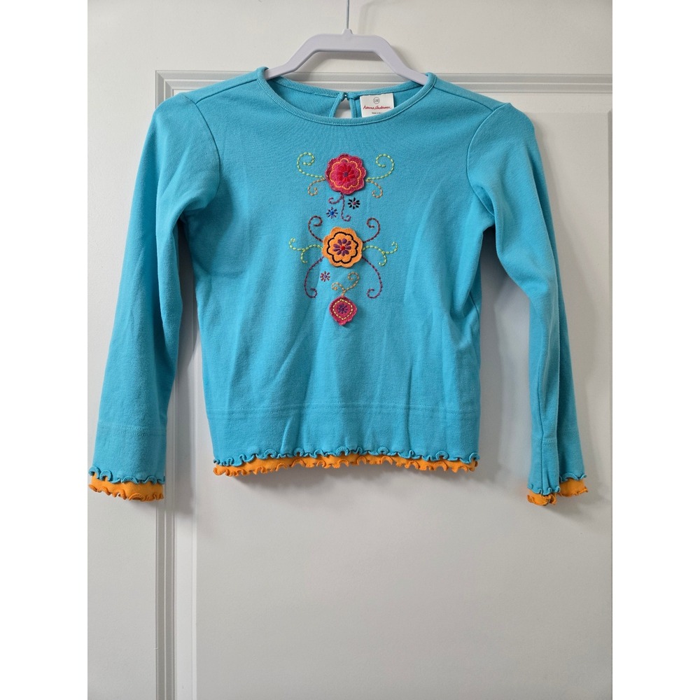 Hanna Andersson Girls Blue Floral Embroidered Lettuce Edge Top Size 130 US 8